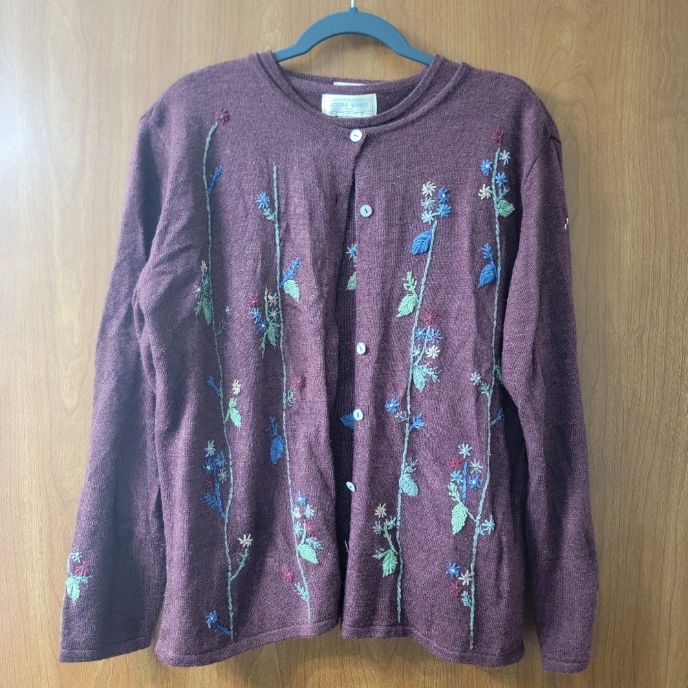 Studio Works Vintage 2 Piece Floral Cardigan And Tank Top Berry Wine Size M P